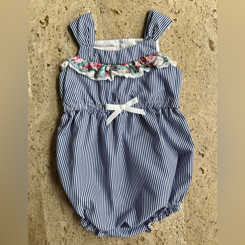 Bonnie Baby Blue & White Striped Romper with Floral Trim
